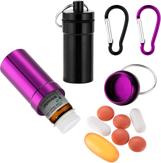 Keychain Pill Holder for Nitroglycerin, 2 Pack Mini Waterproof Portable Travel Purse Pocket Pill Case, Keychain Fob Container for 25ct Nitro/Nitroglycerin Bottle (Black + Purple)