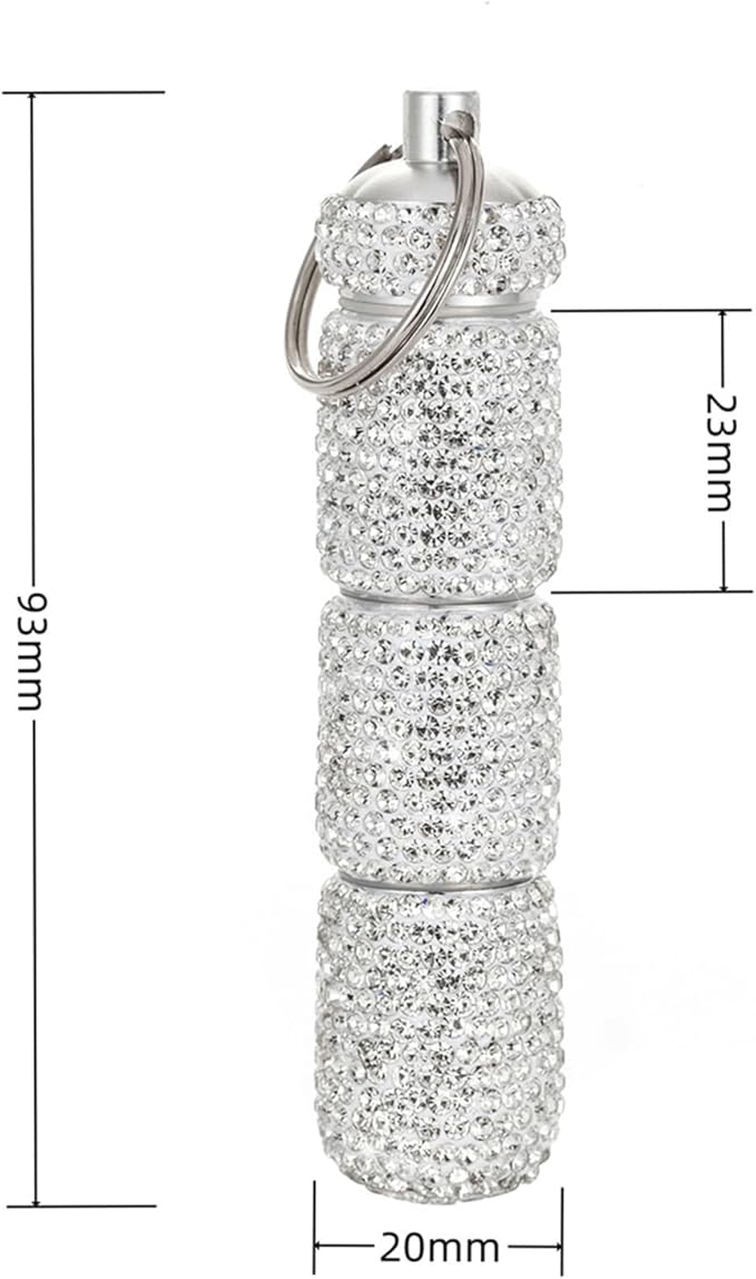 Bling Portable Pill Case with Keychain，Bling Rhinestone Small Fancy Pills Container Glitter Waterproof Holder Keychain for Women Aluminum Bottle Reusable for Outdoor Camping. (Silver)
