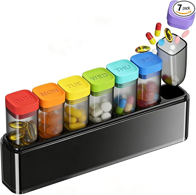 Weekly Pill Organizer 1 Time a Day, HIONXMGA Portable Detachable Travel Pill Box 7 Day, Large Once Daily Pill Holder Case, Color-Coded Dispenser for Vitamin Medicine Supplement Fish Oil, Black