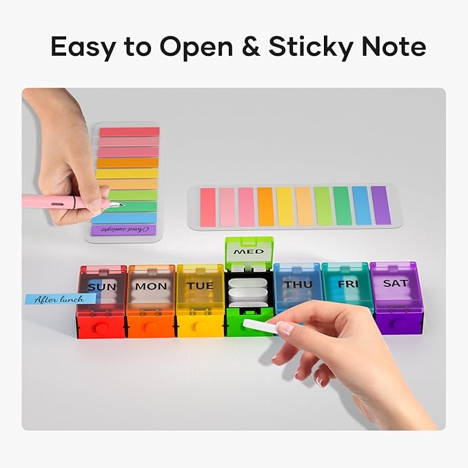 Push Button Weekly Pill Organizer, Medicine Pill Organizer with Label, Pill Box Case 7 Day, Pill Container for Vitamins, Fish Oil, Supplements Medication (Colorful)
