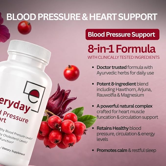 Blood Pressure Support Supplement - Hawthorn Berry, Arjuna & Magnesium - Natural Heart Health & Nitric Oxide Support - Everyday Cardiovascular Formula for Men & Women | 60 Capsules