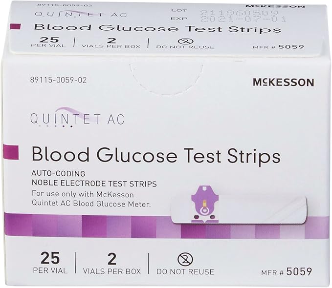 McKesson Quintet AC Blood Glucose Test Strips - Auto Coding, Noble Electrode Strips, for Self-Testing and Point-of-Care Testing of Whole Blood Glucose, 50 Strips, 4 Packs, 200 Total