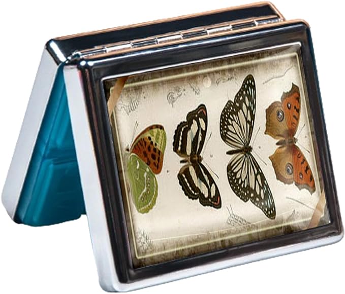 Silver Vintage Pill Box 7 Day Metal Pill Box with Mirror and 8 Compartments Cute Travel Pill Organizer for Purse (A Group of Butterflies)