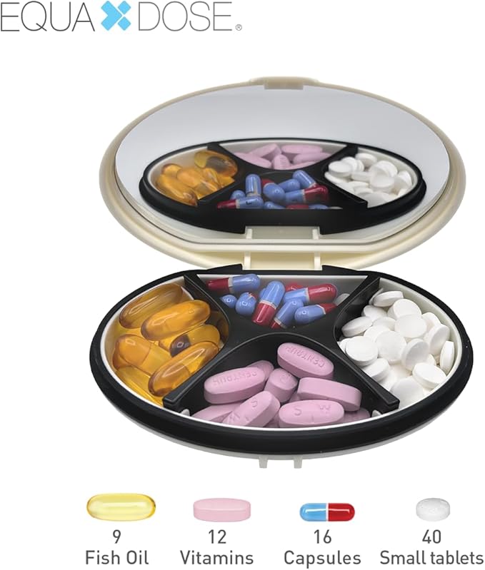 EQUADOSE Oval Compact Pill Case, Portable Organizer with Mirror, Travel Medication Holder with Removable Divider, Small Storage Case for Pills, Vitamins, Earbuds, Jewelry & Daily Essentials, Cream