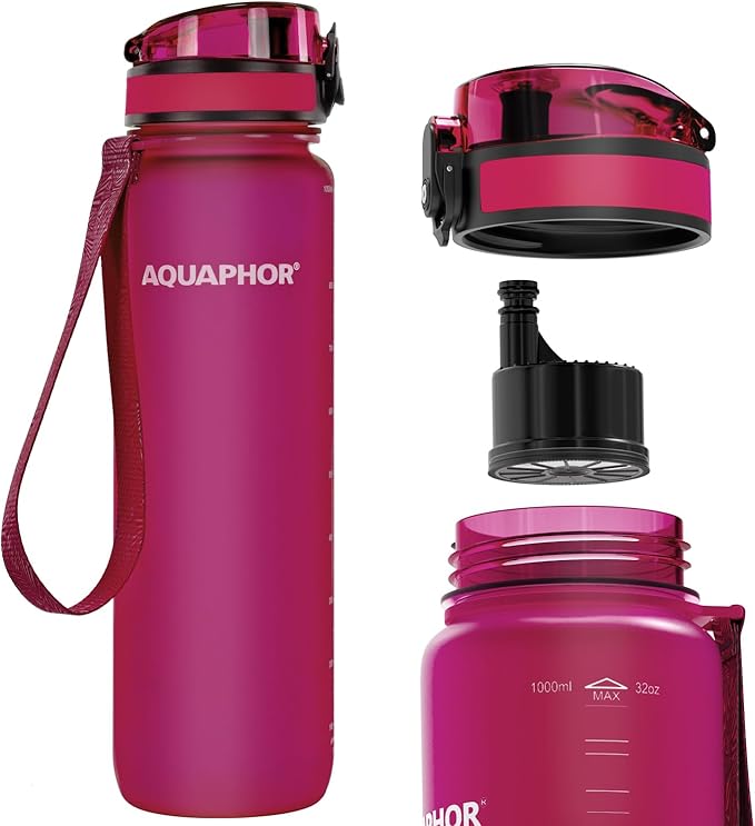 Nakii Filtered Water Bottle, Leakproof, BPA-Free, Motivational Markings, Travel, Everyday Use. 40-Gallon Filter, Replaces 300 Plastic Water Bottles. Includes 1 Filter, 22 FL Oz, Pink by Aquaphor