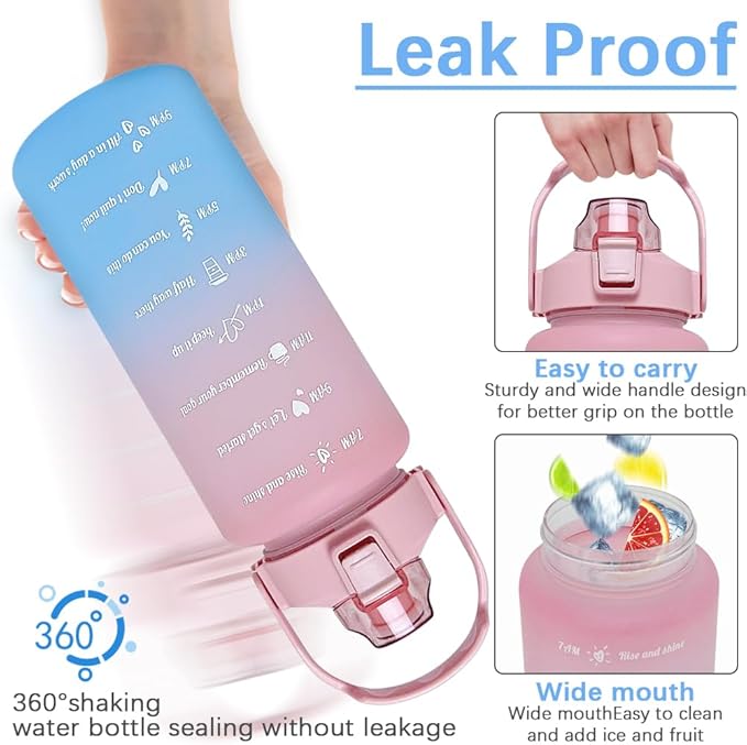 64 oz Large Capacity Water Bottle with Motivational Time Markers and Straw, Portable, Leakproof, BPA Free for Fitness, Gym and Outdoor Sports. (Pink)
