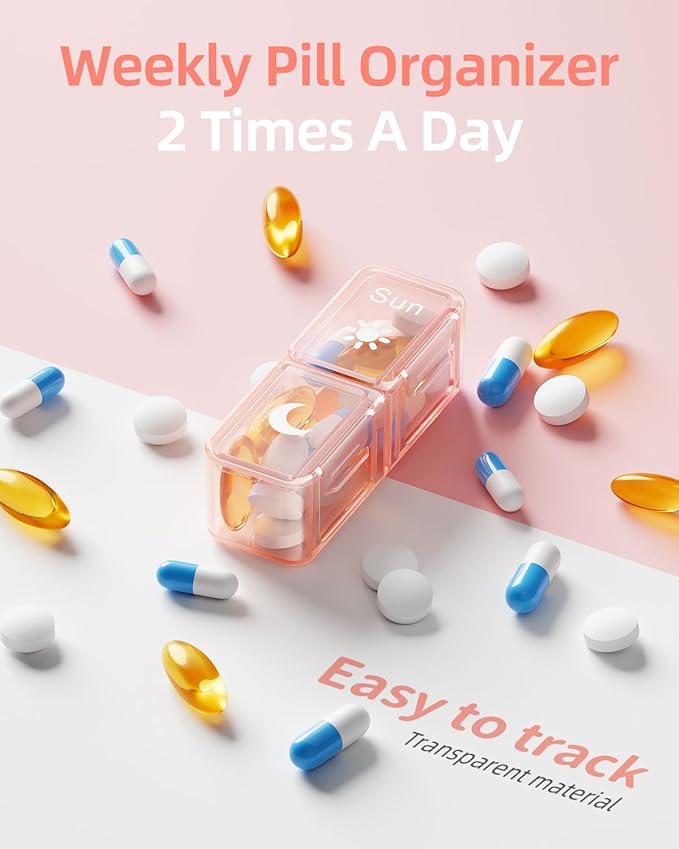 Betife AM PM Pill Organizer 2 Times A Day, 7 Day Pill Box Weekly Pill Organizer Travel with Separate Container, Portable Daily Medicine Planner Dispenser Case for Vitamin, Fish Oils, Supplements