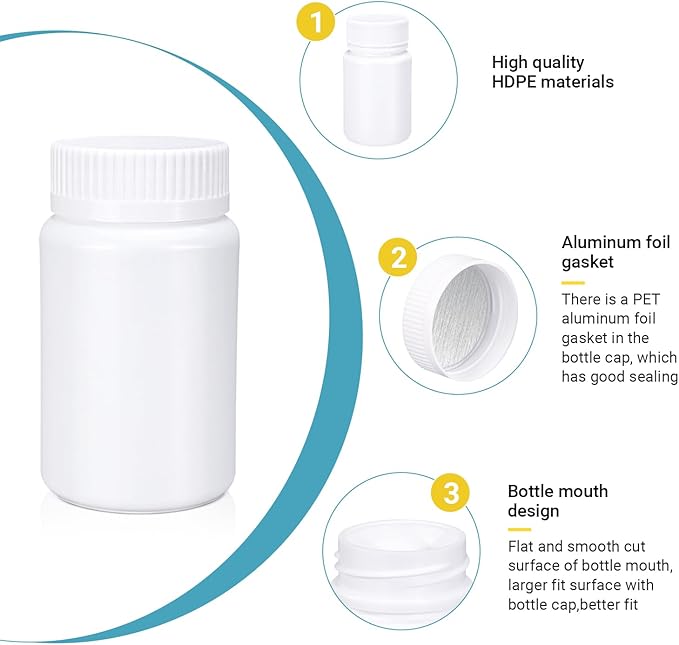 White Pill Bottle, Empty Medicine Bottles with Screw Caps for Pills Capsules Vitamins, Food Grade Plastic Medicine Containers with Labels for Travel (6.7oz/200ml, 4 Pcs)