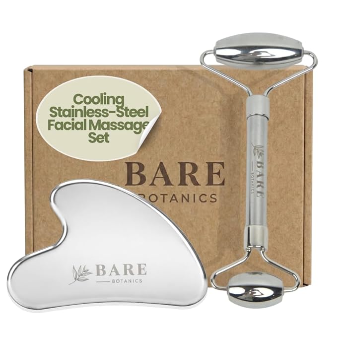 Bare Botanics Stainless Steel Gua Sha & Face Roller Set | Dual Facial Tools for Puffiness, Lymphatic Drainage & Glowing Skin | Durable, Easy to Clean Skincare Duo | Vegan & Cruelty-Free