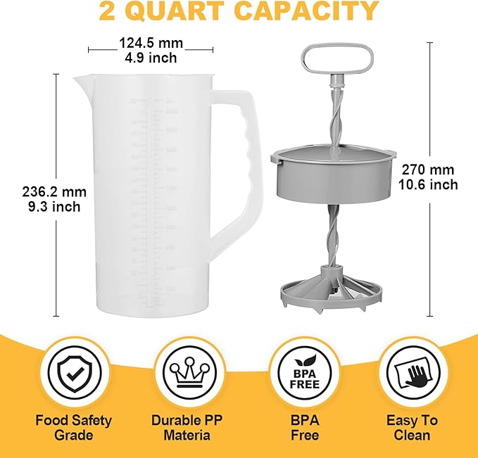 Mixing Pitcher for Drinks, 2 Quart/ 64oz Plastic Water Pitcher with Lid, Angled Plastic Blades and Adjustable Mixer Plunger for Juice, Powdered Milk, Beverage Container (One)