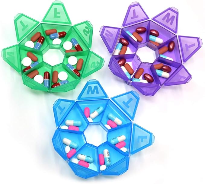 Pillthing Weekly 7 Sided Pill Organzier 3 pack 1 each of Blue Green Purple. Small Pill Box for Travel with Medical Alert Card