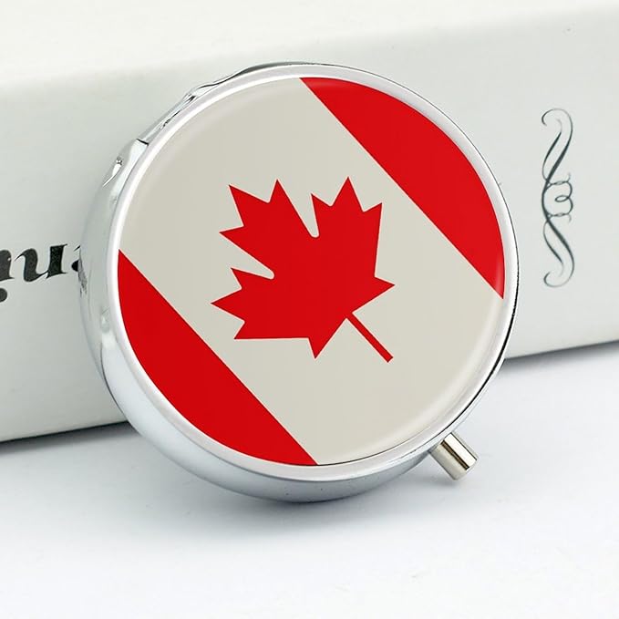 Retro Canada Flag Pattern Pill Box Travel Pill Case for Purse Pocket Weekly Medicine Organizer with Mirror 3 Compartment Round Medicine Case Portable PillcaseHolder for Daily