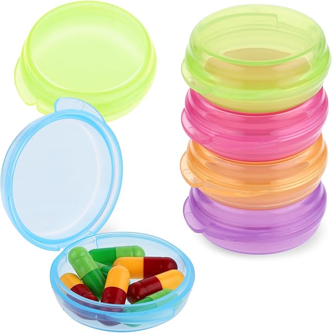 4 Pcs Mini Pill Organizer Small Pill Box Cute Portable Pill Case for Pocket Purse Travel Storage Containers Earplug Case Medicine Dispenser Vitamin Holder (Pink+Orange+Green+Purple)
