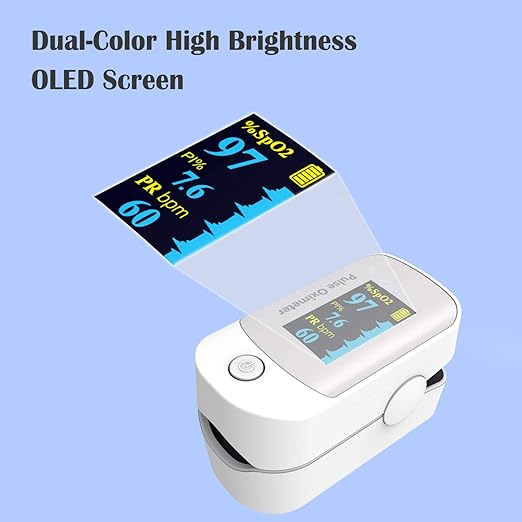Pulse Oximeter, OLED Display Oxygen Monitor Fingertip, Blood Oxygen Saturation Monitor (SpO2) with Carrying Case, Batteries and Lanyard