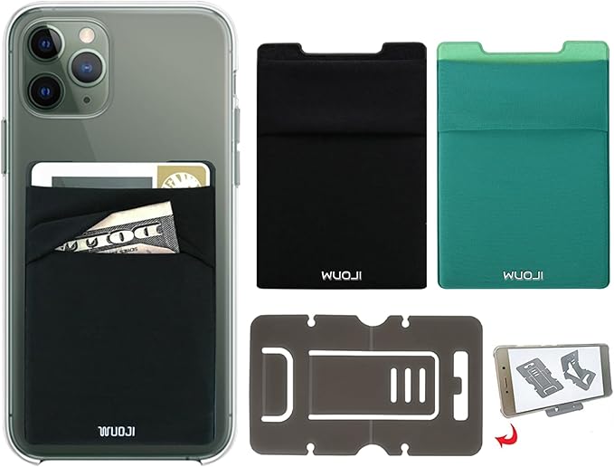 RFID Blocking Phone Card Wallet - Double Secure Pocket - Ultra-Slim Self Adhesive Credit Card Holder Card Sleeves Phone Wallet Sticker All Smartphones (Black Green)-2PC