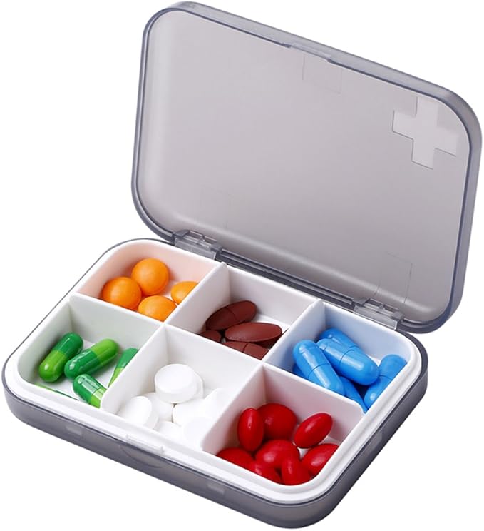 Portable Pill Organizer - Slim Pill Box for Purse or Travel, Compact Pill Case(6 Compartment,Gray)