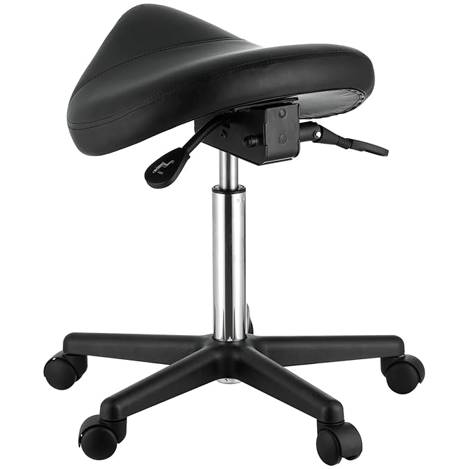 VEVOR Saddle Stool with Wheels, 400 LBS Weight Capacity, Height Adjustable Thickened PU Leather Swivel Saddle Stool Chair for Salon, Spa, Tattoo, Clinic, Black