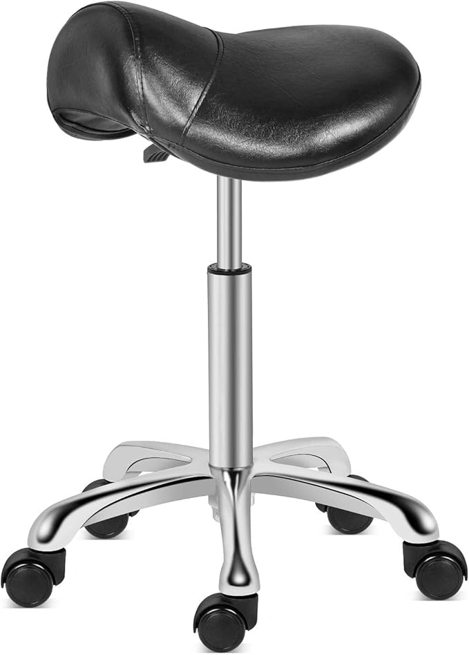 Kaleurrier Saddle Stool Rolling Swivel Height Adjustable with Wheels,Heavy Duty Stool,Ergonomic Stool Chair for Lab,Clinic,Dentist,Salon,Massage,Office and Home Kitchen (Black, Without Back)