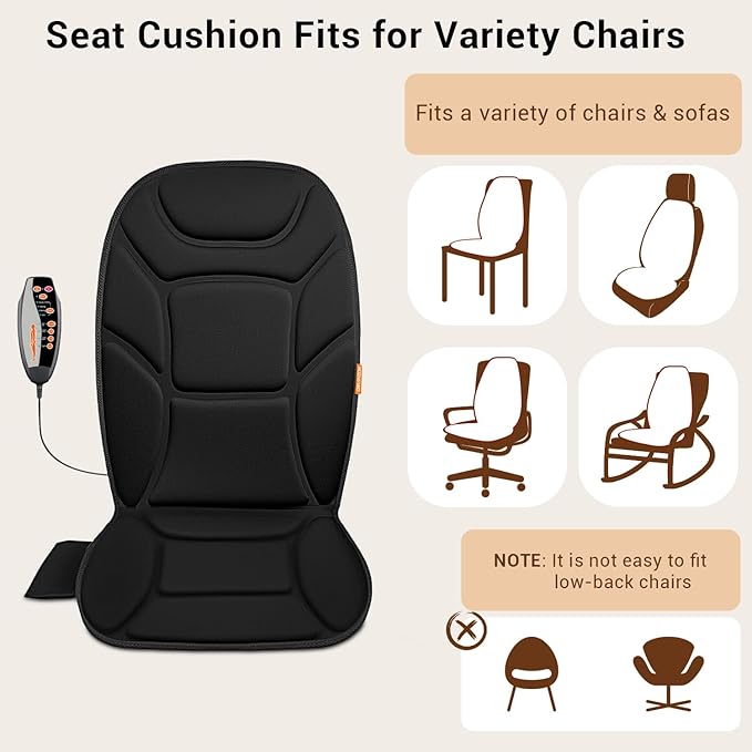 Massage Seat Cushion with Full Back Thighs Heat Back Massager for Chair with 3 Heating Pads 6 Vibrating Motors, Massage Chair Pad for Home Office, Heated Seat Cover Warmer for Pain Relief