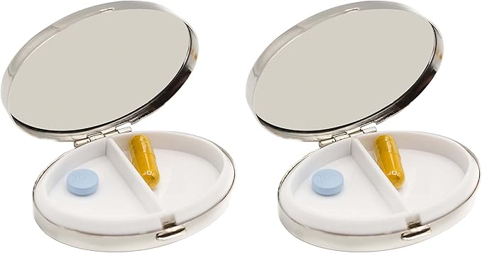 Set of 2 Oval-Shaped Pocket Purse Pill Box & Organizer with Dual Compartments (Silver Victorian)