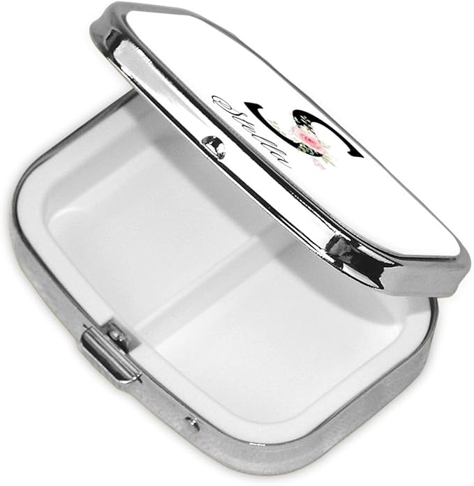 Custom Pill Box Personalized Square Small Pill Case with Mirror Add Your Photo Text Logo Name Decorative 2 Compartment Portable Metal Medicine Container Vitamin Organizer for Pocket Purse Travel (S)