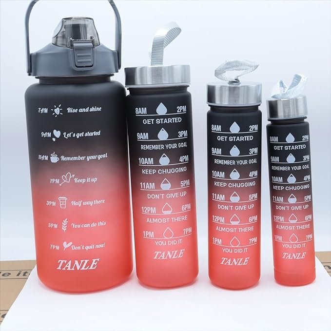 4pcs Water Bottle Set,64oz+28oz+14oz+9oz Large Capacity Sports Fitness Water Bottle,Leak Proof,Straw Inspirational Water Bottle,For Family Camping Outdoor(4pcs Black red)