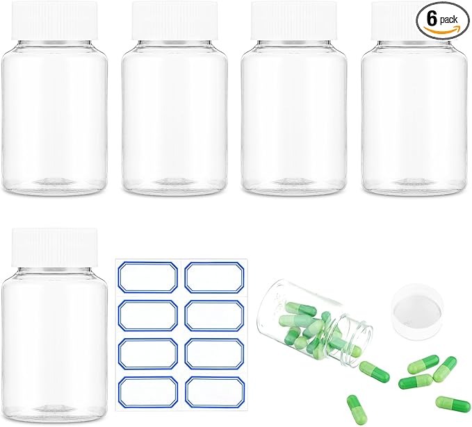 Clear Pill Bottle 6Pcs Empty Medicine Organizers Plastic Pill Bottles Transparent Reagent Containers 80ml Large Jar Powder Storage Leak Proof Caps for Liquid Solid Powder Home Toiletries
