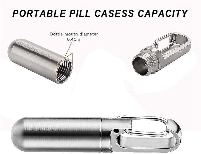 Stainless Steel Pill Box Keychain, Protable Pill Box Keychain Medicine Case Bottle, Waterproof Metal Pocket Pill Holder Medicine Bottle for Outdoor Camping Travel (S+L)