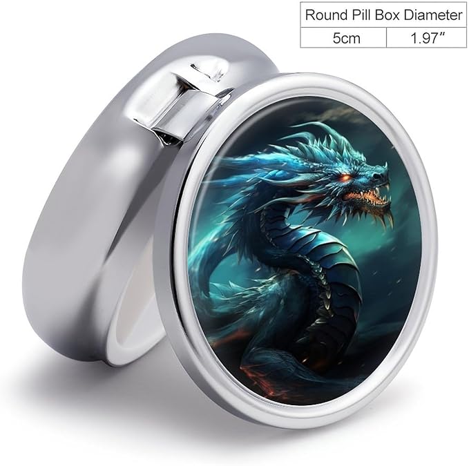 Dragon Pill Box 3 Compartment Small Pill Case Portable Pill Box for Pocket Or Purse Round Metal Pill Box Cute Medicine Organizer Holder to Hold Vitamins Medication