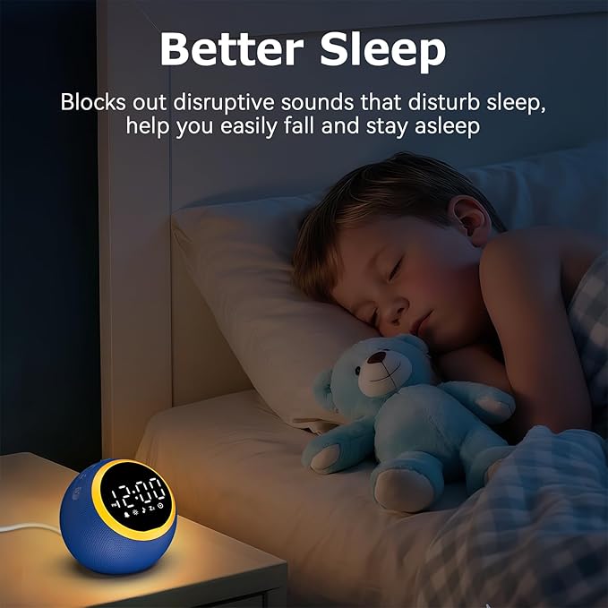 White Noise Sound Machine with Clock: Alarm Clocks, 30 Soothing Sounds, 10 Soft Wake-Up Sounds, 32 Adjustable Volume & Timer, Memory Function - Ideal for Bedrooms Use (Blue)