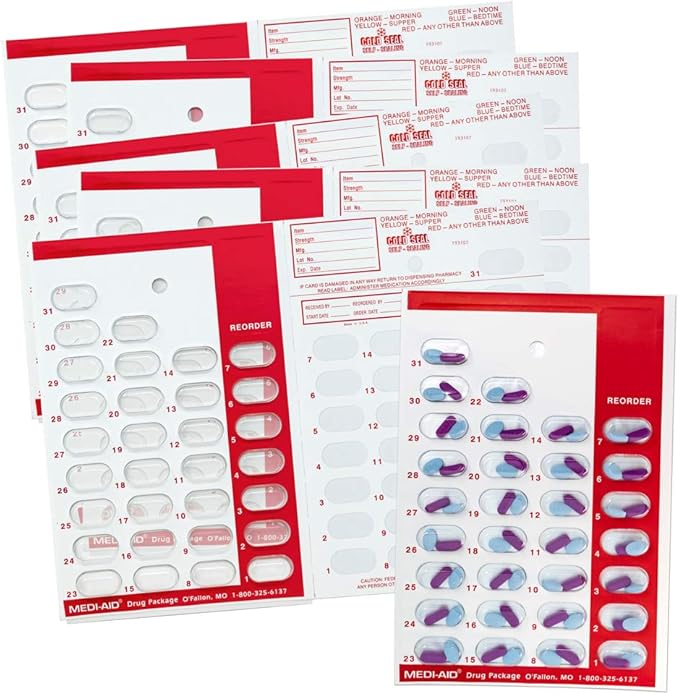 Color Coded Monthly 31 Day Medication Blister Cards Cold Seal - Daily, AM/PM, 3X, 4X, 5X a Day Pill Organizer (6 Pack Red)