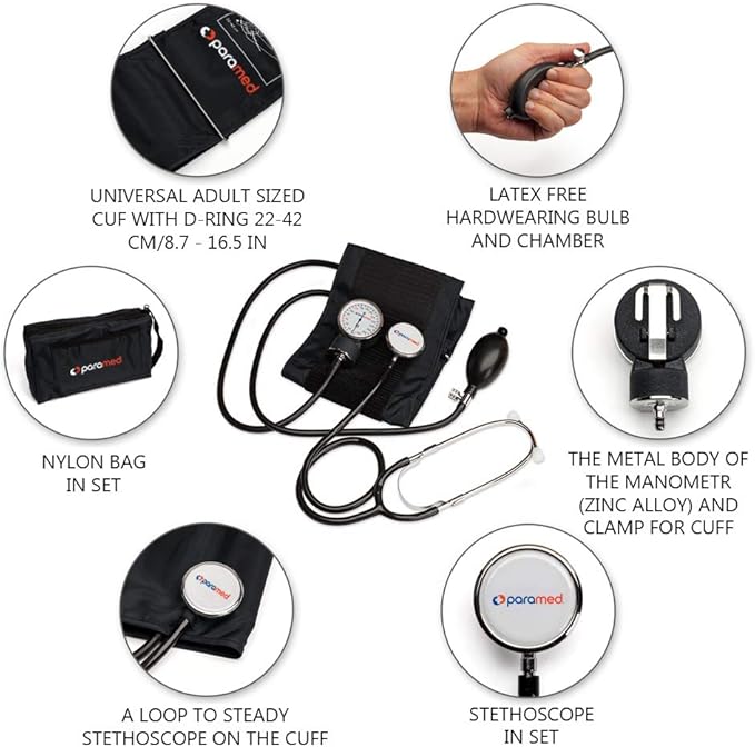 PARAMED Aneroid Sphygmomanometer with Stethoscope – Manual Blood Pressure Cuff with Universal Cuff 8.7-16.5" and D-Ring – Carrying Case in The kit – Black