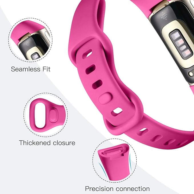 Maledan Sport Band Compatible with Fitbit Charge 5 Bands/Charge 6 Bands for Women Men, Waterproof Silicone Slim Thin Wristband Replacement for Fitbit Charge 5 Fitness Tracker, 3 Pack Fuchsia/Rose/Teal