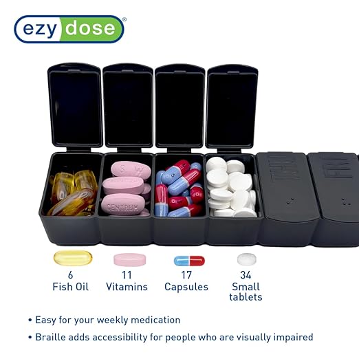 EZY DOSE Weekly (7-Day) Daily Pill Case, 2-Pack of Embossed Matte Pill Case, Daily Medicine & Vitamin Organizer Box, Large Easy-Open Compartments, BPA-Free Medication Planner for Travel, Cream & Black