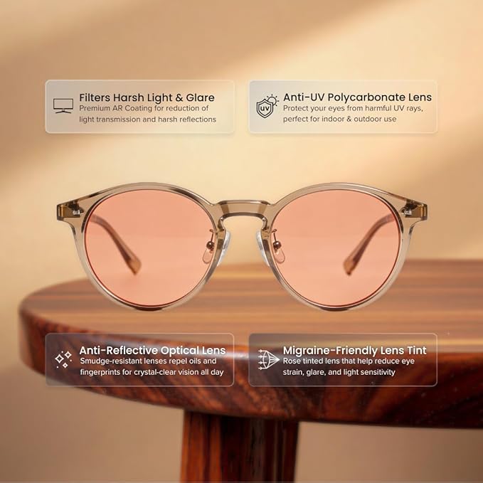 BRADDELL Women's FL-41 Rose Tinted Blue Light Glasses for Migraine Light Sensitivity, Fluorescent LED Glare, Photophobia