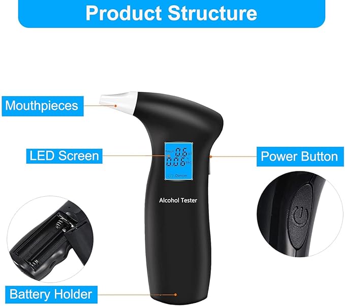 Breathalyzer with LCD Digital Display, Portable Tester for Alcohol Includes 12 Mouthpieces(Blue)