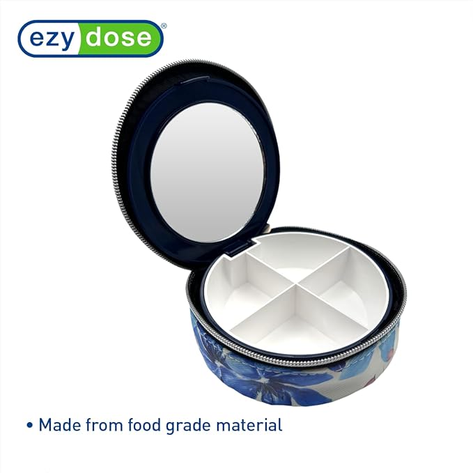 EZY DOSE Travel Pill Organizer with Built-in Mirror, Features Zippered Flower Case, Compact and Portable Medication Case for Daily Vitamins, Pills, and Medicine, Ideal for Travel and On-The-Go Use