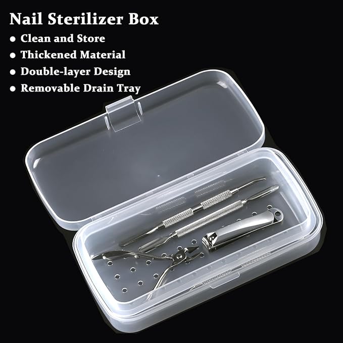 Nail Tool Sterilizer Box Plastic Sterilization Tray for Nail Art Accessories Tools, Disinfectant Container Soaking Box with Strainer Pedicure Manicure Cleaning Equipment, Clear