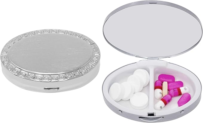 Set of 2 Oval-Shaped Pocket Purse Pill Box & Organizer with Dual Compartments (Silver Border Print)
