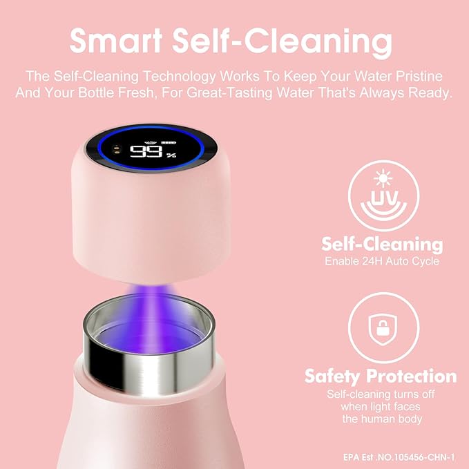 VSITOO 14.8oz Mini Smart Self-Cleaning Water Bottle，Small Insulated Stainless Steel Thermoses with AI Self-Clean, 30-Day Battery & Magnetic Charging for Travel, Gym, Office or Purse, Pink