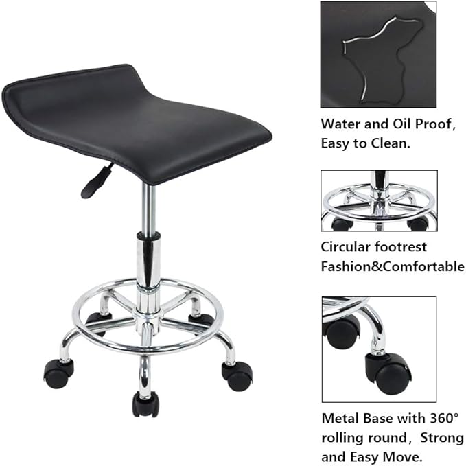 KKTONER Square Rolling Stool with Foot Rest 15.5" L*15.2" W PU Leather Height Adjustable Stool with Wheels for Spa Drafting Salon Tattoo Work Swivel Stool Chair (Black)