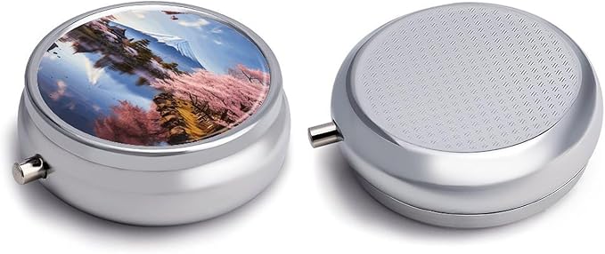 Mount Fuji Cherry Blossom Trees Pill Box Travel Pill Case for Purse Pocket Weekly Medicine Organizer with Mirror 3 Compartment Round Medicine Case Portable PillcaseHolder for Daily