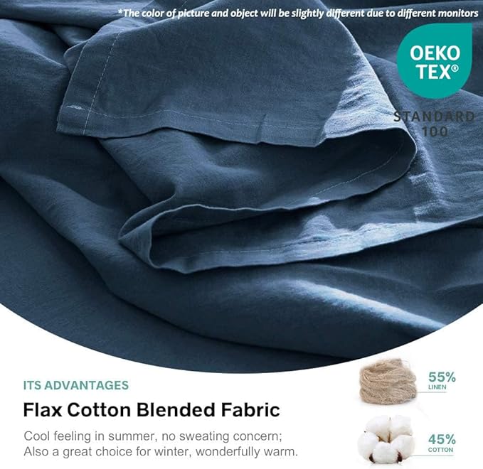 Simple&Opulence Belgian Linen Sheet Set Solid Color - 4 Pieces (1 Flat Sheet, 1 Fitted Sheet & 2 Pillowcases) Natural Flax Cotton Blend Soft Breathable Farmhouse Bedding - Full Size, Classic Blue