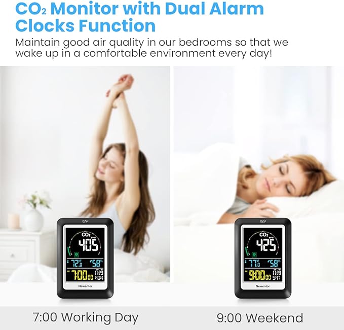 Newentor CO2 Detector with Indoor Temperature Humidity, CO2 Monitor with Clock Alarm, Carbon Dioxide Detector for Home, Portable Air Quality Monitor CO2 Meter Sensor for Tent Garden Plant, Black