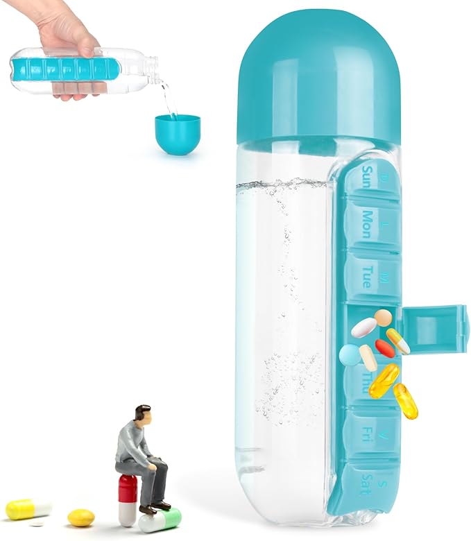 Portable Pill Box Water Cup,2 in 1 Water Bottle pill Box Storage Box,20 oz Daily Sports Water BottleOrganizer 7 Days Capsule Organizer