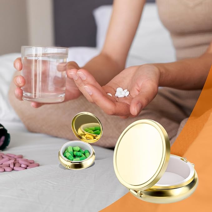 Pill Box Cute Small Pill Box for Purse & Pocket Medicine Organizer Travel Pillbox Waterproof Pill Case Metal Pill Container Holder for Vitamins, Fish Oil, Supplements(Gold)