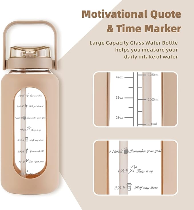 Glass Water Bottle with Straw and Handle Lid Half Gallon Motivational Glass Bottle with Silicone Sleeve and Time Marker Large Reusable Sports Water Jug for Gym Home Workout