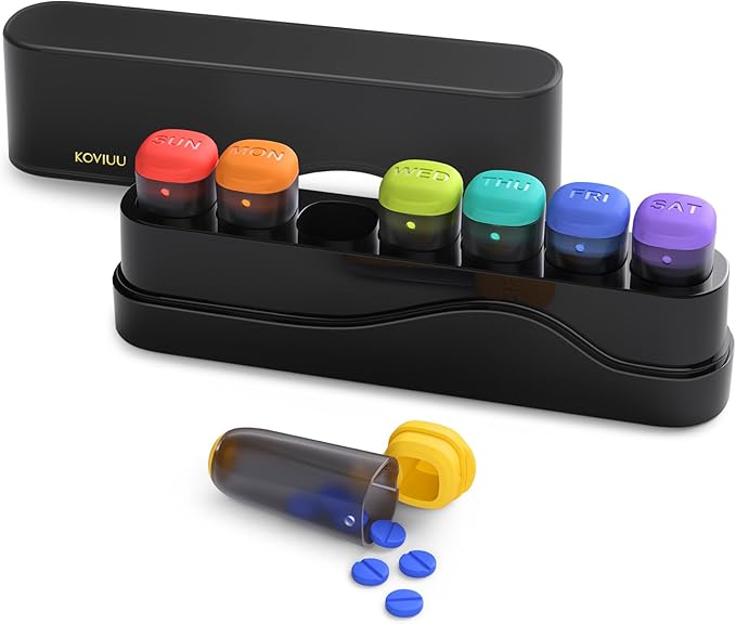 Weekly Pill Organizer 1 Time a Day, Detachable Pill Box 7 Day, Travel Pill Case, Once Daily Medication Dispenser, Week Pill Holder Container for Vitamin, Medicine, Supplement, Pillbox, Black