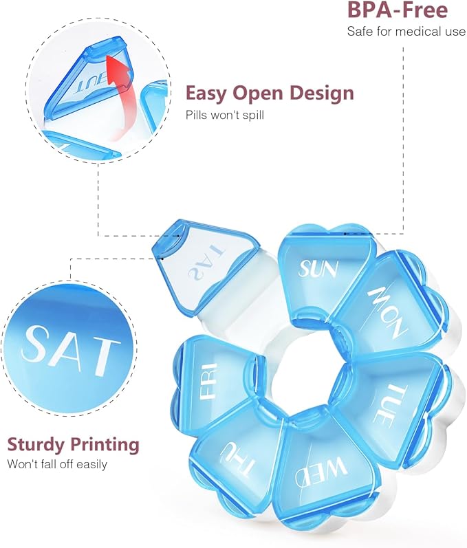 Cute Pill Organizer 7 Day, Color Blocking Weekly Pill Box, Daily Medicine Container with Large Compartments for Fish Oils/Vitamins/Medication/Supplements (Blue)
