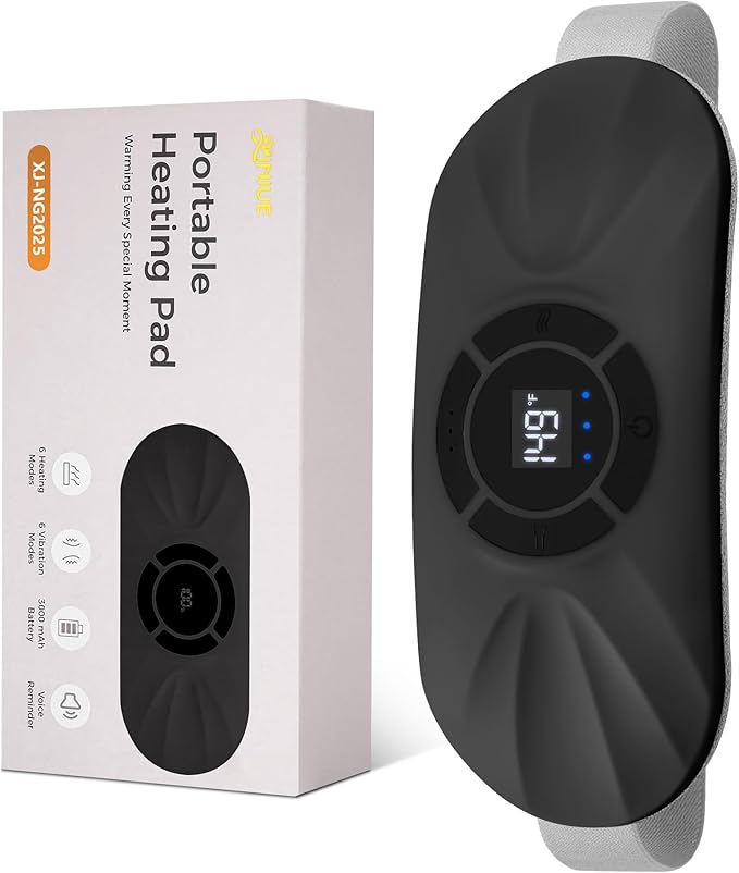 Portable Cordless Heating Pad for Period Cramps, Voice Reminder Menstrual Heating Pad with 6 Heat Levels and 6 Massage Modes, 3s Fast Heating, Gifts for Women Girls, Black